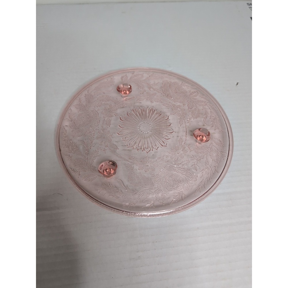 Vtg 10" Pink Depression Glass Cake Plate Shaggy Rose Design 3 Footed Pastry Dish